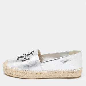 Pre Owned Tory Burch Metallic Silver Leather Ines Espadrille Flats Size 38.5