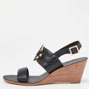 Pre Owned Tory Burch Black Leather Wedge Slingback Sandals Size 38.5 