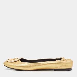 Tory Burch Gold Leather Reva Scrunch Ballet Flats Size 38.5