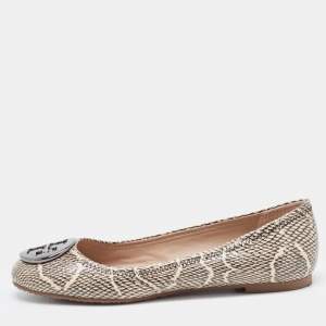 Pre Owned Tory Burch Black/Cream Python Embossed Reva Ballet Flats Size 37.5