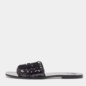 Pre Owned Tory Burch Black Sequins Carter Slide Flats Size 38