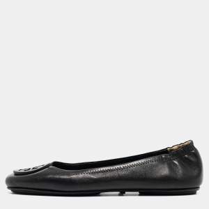 Pre Owned Tory Burch Black Leather Minnie Scrunch Ballet Flats Size 37.5