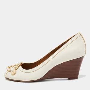 Pre Owned Tory Burch Off White Leather Amanda Peep Toe Wedge Pumps Size 37.5