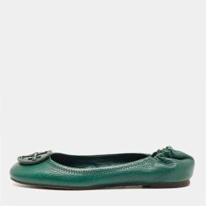 Pre Owned Tory Burch Green Leather Minnie Travel Ballet Flats Size 37.5