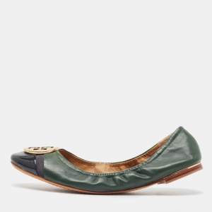 Pre Owned Tory Burch Green/Black Leather And Patent Leather Cap Toe Ballet Flats Size 40