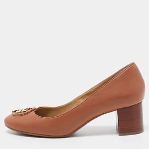 Pre Owned Tory Burch Brown Leather Janey Buckle Detail Block Heel Pumps Size 39