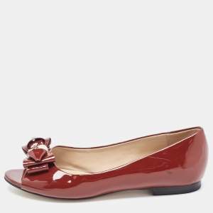 Pre Owned Tory Burch Burgundy Patent Peep Toe Ballet Flats Size 37.5