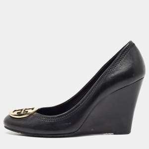 Pre Owned Tory Burch Black Leather Sally Wedge Pumps Size 38.5