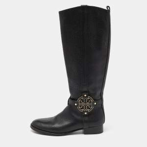 Tory Burch Black Leather Reva Knee Length Boots Size 39