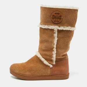 Pre Owned Tory Burch Brown Nubuck and Leather Snow Boots Size 38.5