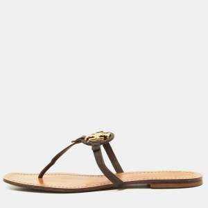 Tory Burch Brown Leather Miller Flat Thong Sandals Size 40.5