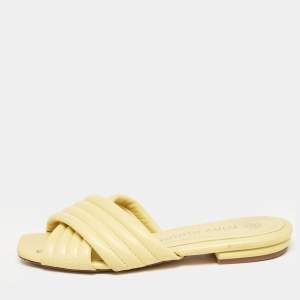 Pre Owned Tory Burch Yellow Quilted Leather Kira Flat Slides Size 38