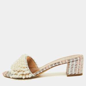 Pre Owned Tory Burch Silver/Peach Lurex Fabric Pearl Embellished Slide Sandal Size 38