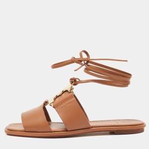 Tory Burch Brown Leather Gemini Link Flat Sandals Size 37.5