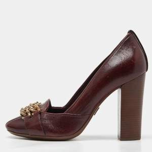 Tory Burch Burgundy Leather Chain Detail Block Heel Pumps Size 39.5