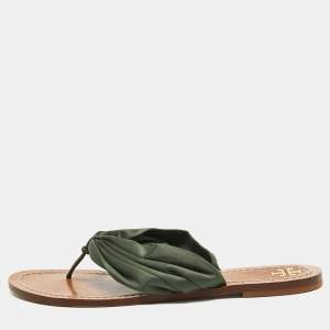 Pre Owned Tory Burch Dark Green Satin Carson Thong Flats Size 40.5
