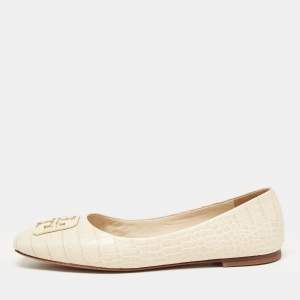 Pre Owned Tory Burch Cream Croc Embossed Leather Georgia Ballet Flats Size 38.5