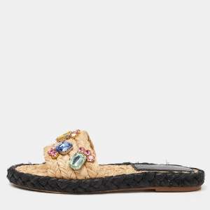 Tory Burch Beige Raffia Crystal Embellished Flat Slides Size 36.5