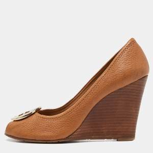 Pre Owned Tory Burch Beige Leather Wedge Pumps Size 37.5