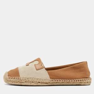 Pre Owned Tory Burch Tan/Beige Canvas Espadrilles Flats Size 38.5