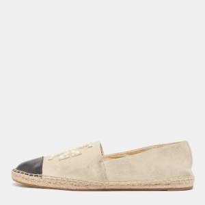 Pre Owned Tory Burch Grey/Black Suede and Leather Pearl Embellished Slip On Espadrilles Flats Size 39