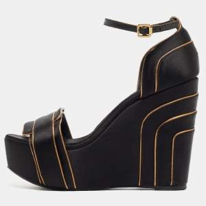 Pre Owned Tory Burch Gold/Black Satin Wedge Ankle Strap Sandals Size 37.5