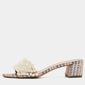 Pre Owned Tory Burch Multicolor Fabric and Tatiana Pearl Slide Sandals Size 39