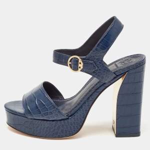 Pre Owned Tory Burch Navy Blue Croc Embossed Leather Martine Platform Sandals Size 39