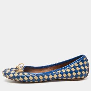 Tory Burch Blue/Beige Patent Leather and Woven Fabric Ballet Flats Size 37.5