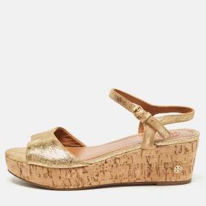 Tory Burch Gold Texture Suede Wedge Ankle Strap Sandals Size 37.5