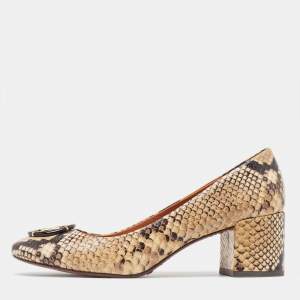 Pre Owned Tory Burch Cream/Black Python Embossed Leather Multi Logo Pumps Size 39.5