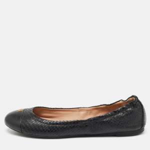 Pre Owned Tory Burch Black Embossed Snakeskin Scrunch Ballet Flats Size 39