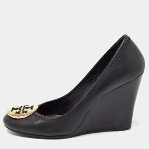 Tory Burch Black Leather Sally Wedge Pumps Size 37.5