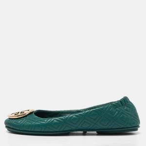 Pre Owned Tory Burch Green Leather Logo Ballet Flats Size 37
