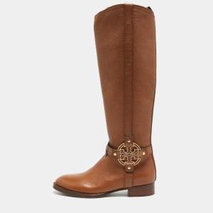 Pre Owned Tory Burch Brown Leather Knee Length Boots Size 36.5