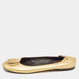Pre Owned Tory Burch Metallic Gold Leather Claire Ballet Flats Size 37.5