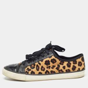 Tory Burch Brown/Black Animal Print Calf Hair and Leather Low Top Sneakers Size 40.5