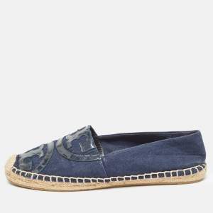 Tory Burch Navy Blue Canvas and Patent Poppy Espadrilles Flats Size 38.5