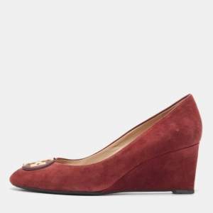 Tory Burch Burgundy Suede Luna Wedge Pumps Size 37