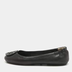 Tory Burch Black Leather Minnie Travel Ballet Flats Size 36