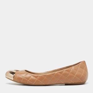 Pre Owned Tory Burch Beige Quilted Leather Metal Cap Toe Ballet Flats Size 37.5