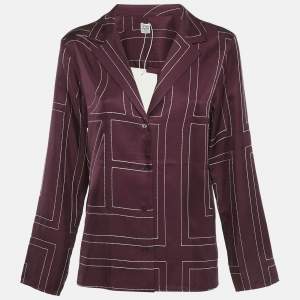 Pre Owned Toteme Burgundy Monogram Embroidery Satin Silk Pajama Shirt L