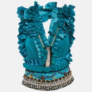 Tuvanam Blue Crepe Embellished and Ruffled Top M