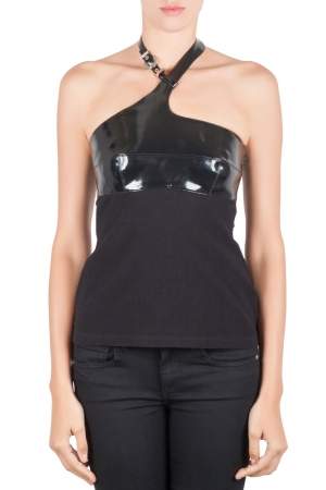 Versace Black Faux Leather Belted Halter Neck Top S