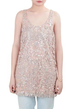 Vera Wang Collection Blush Pink Sequin Embellished Tulle Overlay Sleeveless Top S