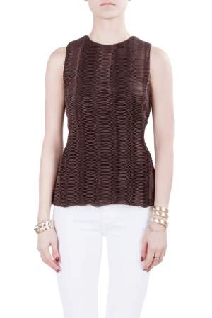 Pre Owned Giorgio Armani Brown Accordion Pleated Textured Silk Sleeveless Top S