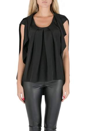 Pre Owned Oscar De La Renta Black Silk Pleated Draped Front Sleeveless Top S