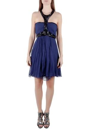 Temperley London Blue Plisse Silk Embellished Strapless Mini Dress M