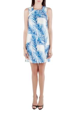 Pre Owned Tory Burch White and Blue Baltic Sea Feather Printed Silk Sleeveless Dress M