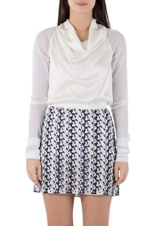 Vera Wang Collection Cream Silk Satin Cowl Neck Mesh Sleeve Blouse S